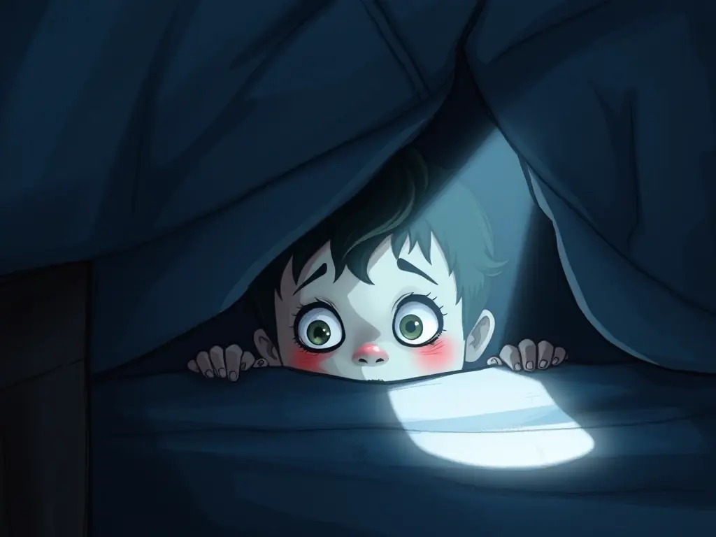 Illustration of a child hiding under the bed, looking scared, with dark shadows and a single light source to create a sense of fear and vulnerability, suitable for a story about overcoming fears.