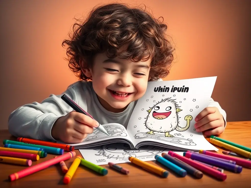 A vibrant image showcasing a child happily coloring in a Uhin Ipuin coloring book, surrounded by colorful crayons and a finished page with a whimsical illustration of a friendly monster.