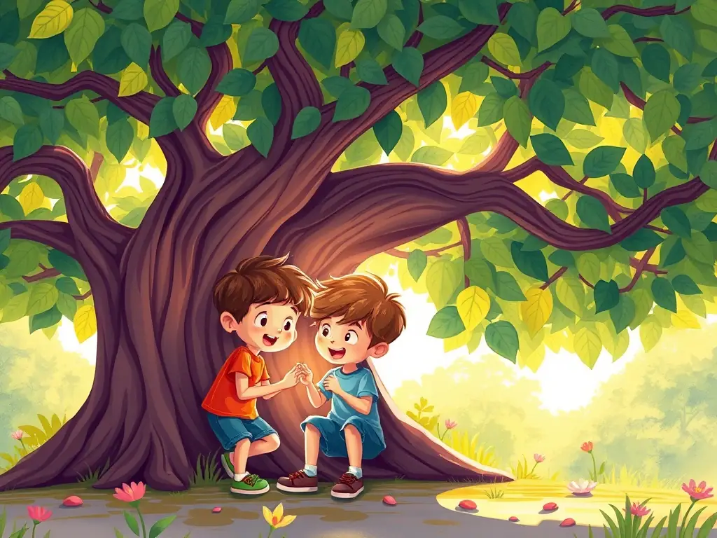 A vibrant illustration of two children sharing a secret under a big tree, showcasing the joy and importance of friendship, designed for a children's storybook about values.