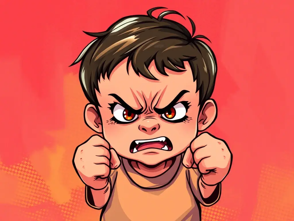Illustration of a child with an angry expression, clenching their fists, with vibrant, contrasting colors to represent the intensity of anger, suitable for a story about managing anger.