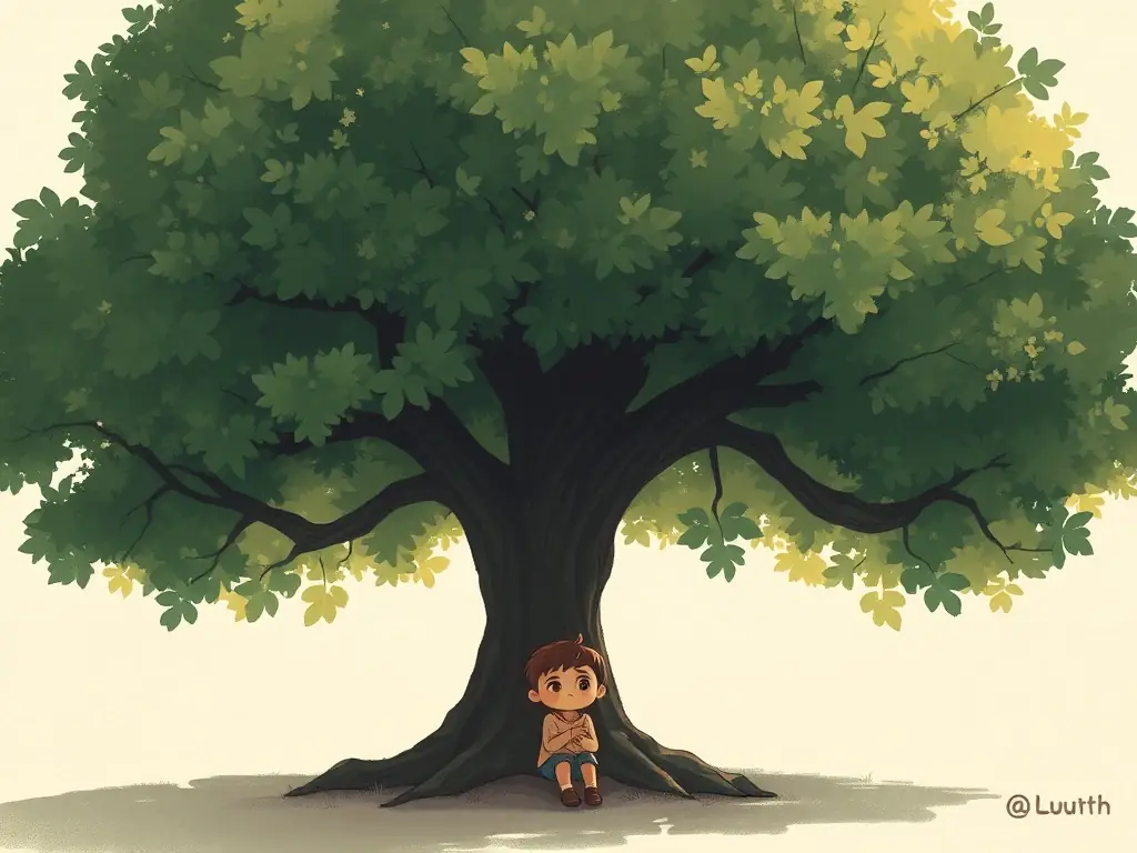 Illustration of a child feeling sad, sitting alone under a tree, with soft, muted colors to convey a sense of loss and grief, suitable for a story about dealing with loss.