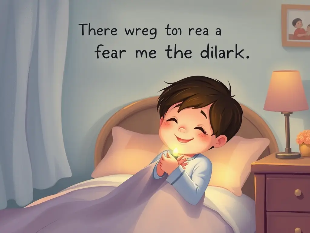 A heartwarming illustration of a child overcoming their fear of the dark, depicted in a soft, comforting style with gentle lighting, perfect for a children's storybook about emotions.