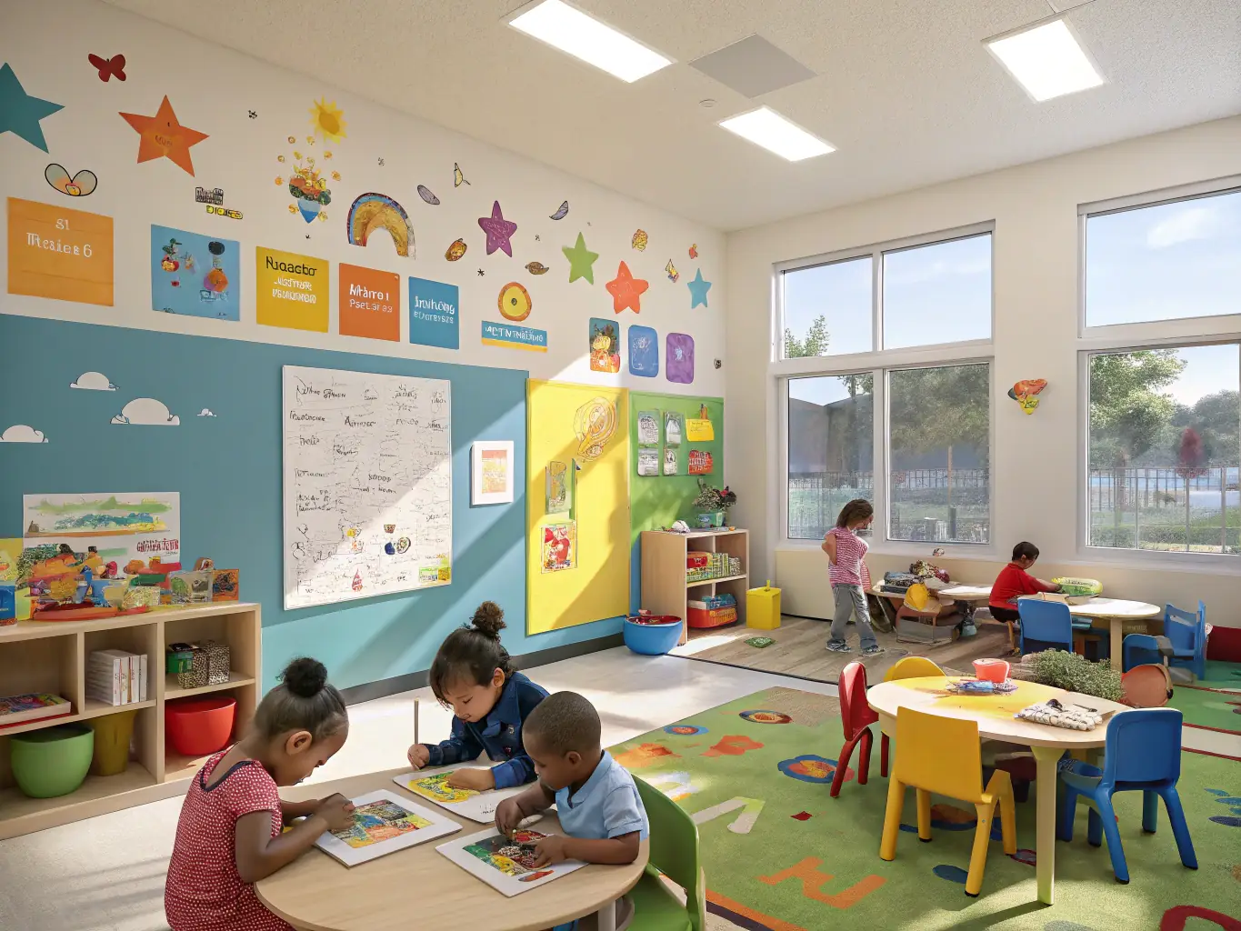 A vibrant image showcasing children happily coloring various animal-themed pages, set in a bright and cheerful classroom environment.