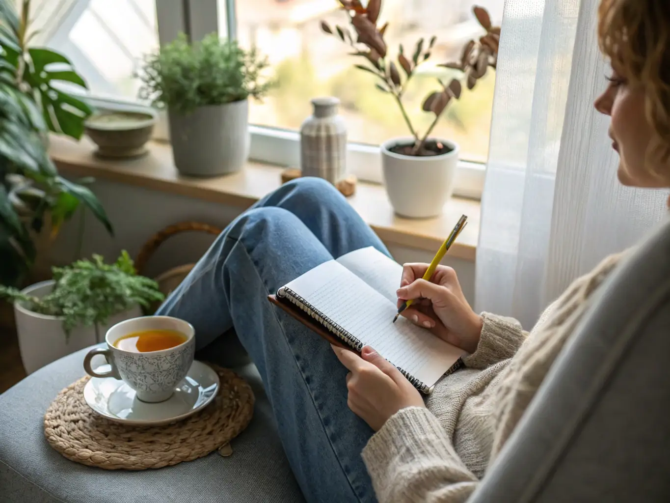 A serene image of an adult peacefully coloring a detailed mandala pattern, set in a calming and minimalist studio.